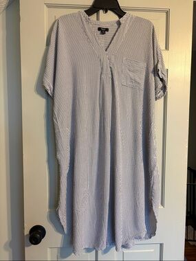 Vera Wang XXL Blue & White Seersucker V-Neck Tunic Dress with Front Pocket